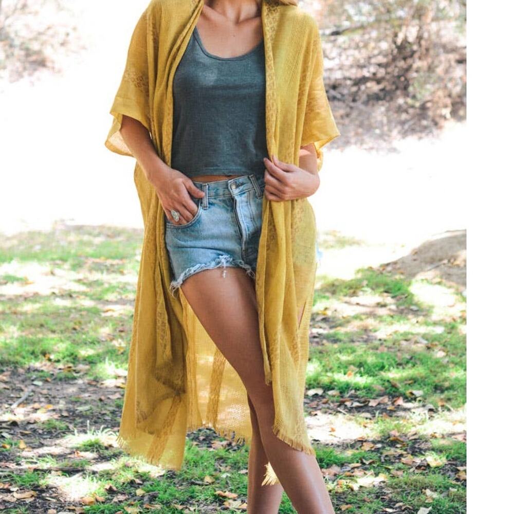 Woven Tribal Kimono Longline Mustard Yellow